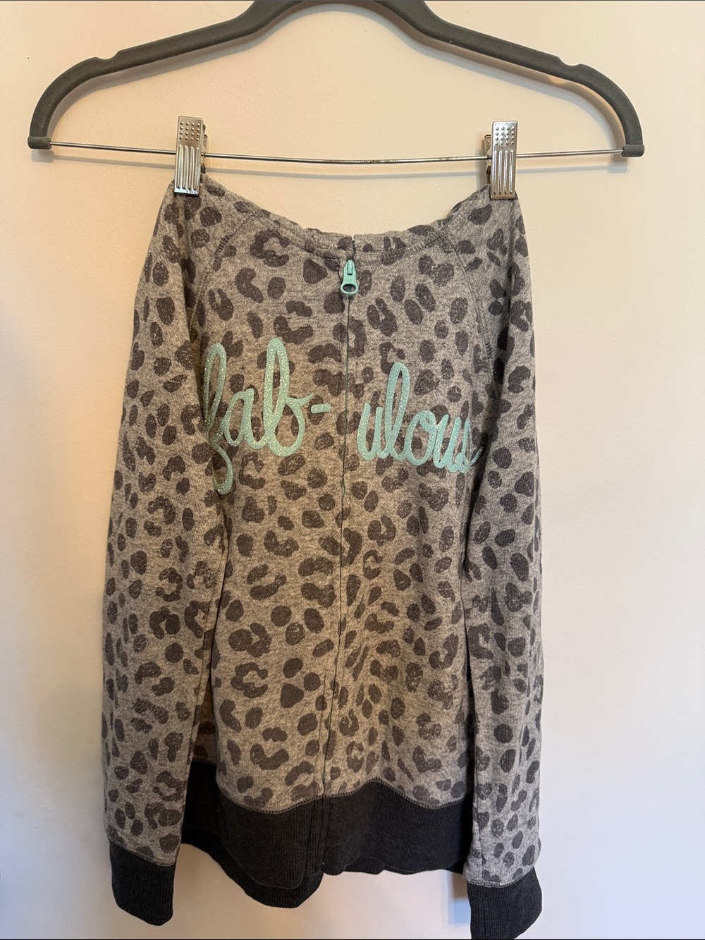 Sonoma Gray Leopard Print Hoodie with Sparkly Mint 'Fabulous' Script